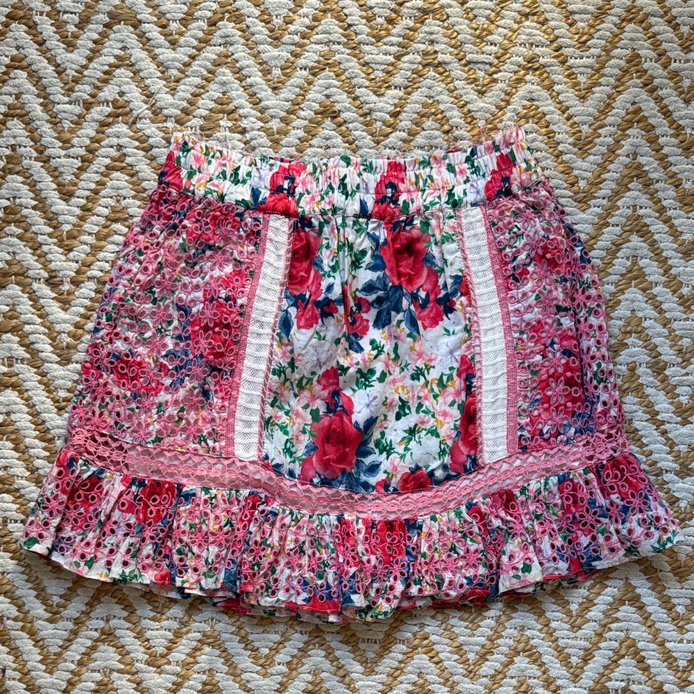 LoveShackFancy Floral Patchwork Ruffle Skirt - Pink, Red, Green, Blue